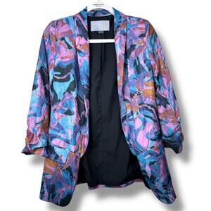 Tart Collections Vibrant Multi Abstract Print Open-Front Ruched Sleeve Blazer XS